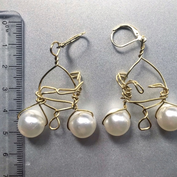 Gold-toned Wire Bicycle Earrings with Pearl Beads - Picture 2 of 2